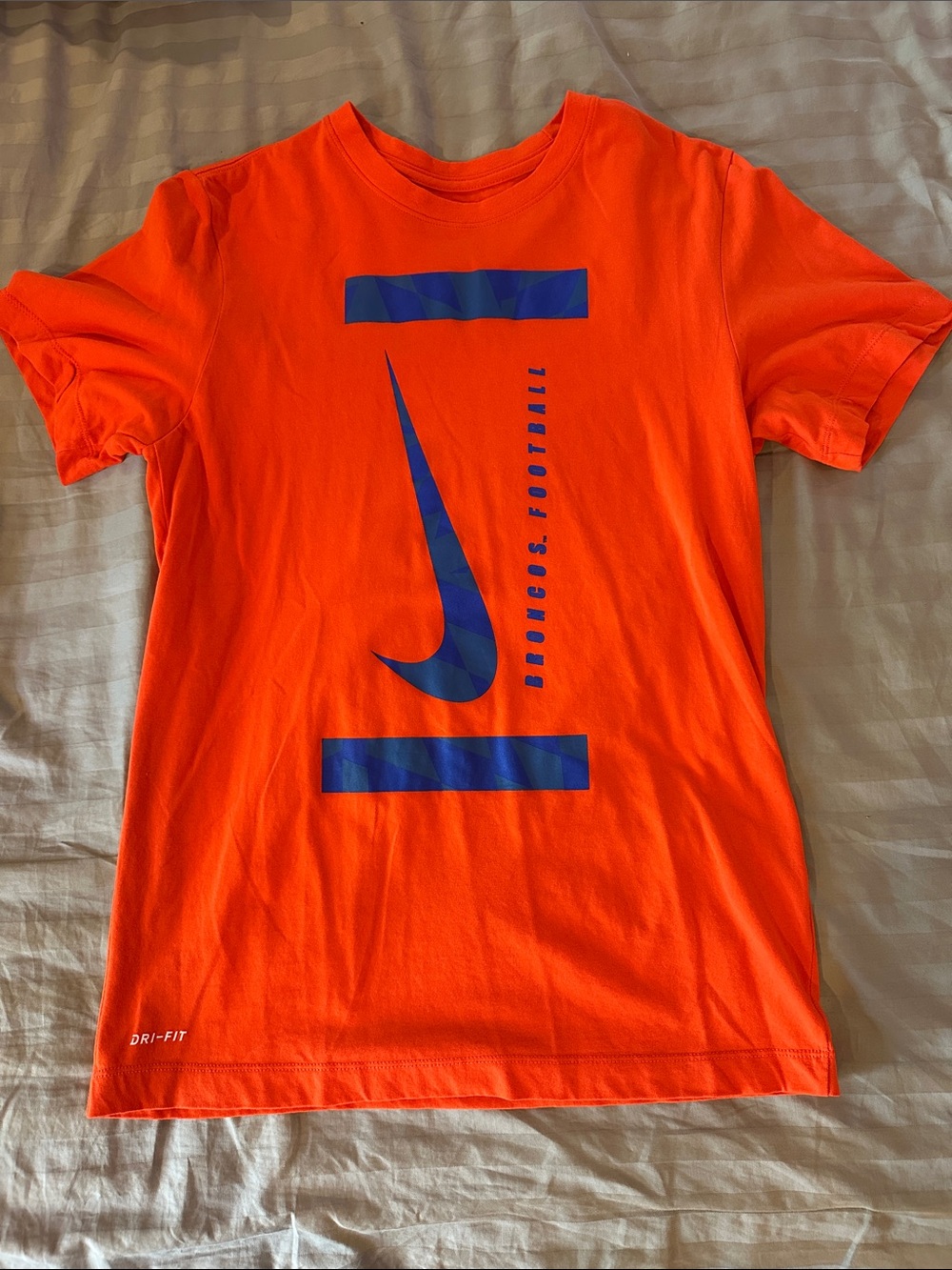 Nike Orange Boise State Broncos Football Tee with Blue Swoosh and Graphic